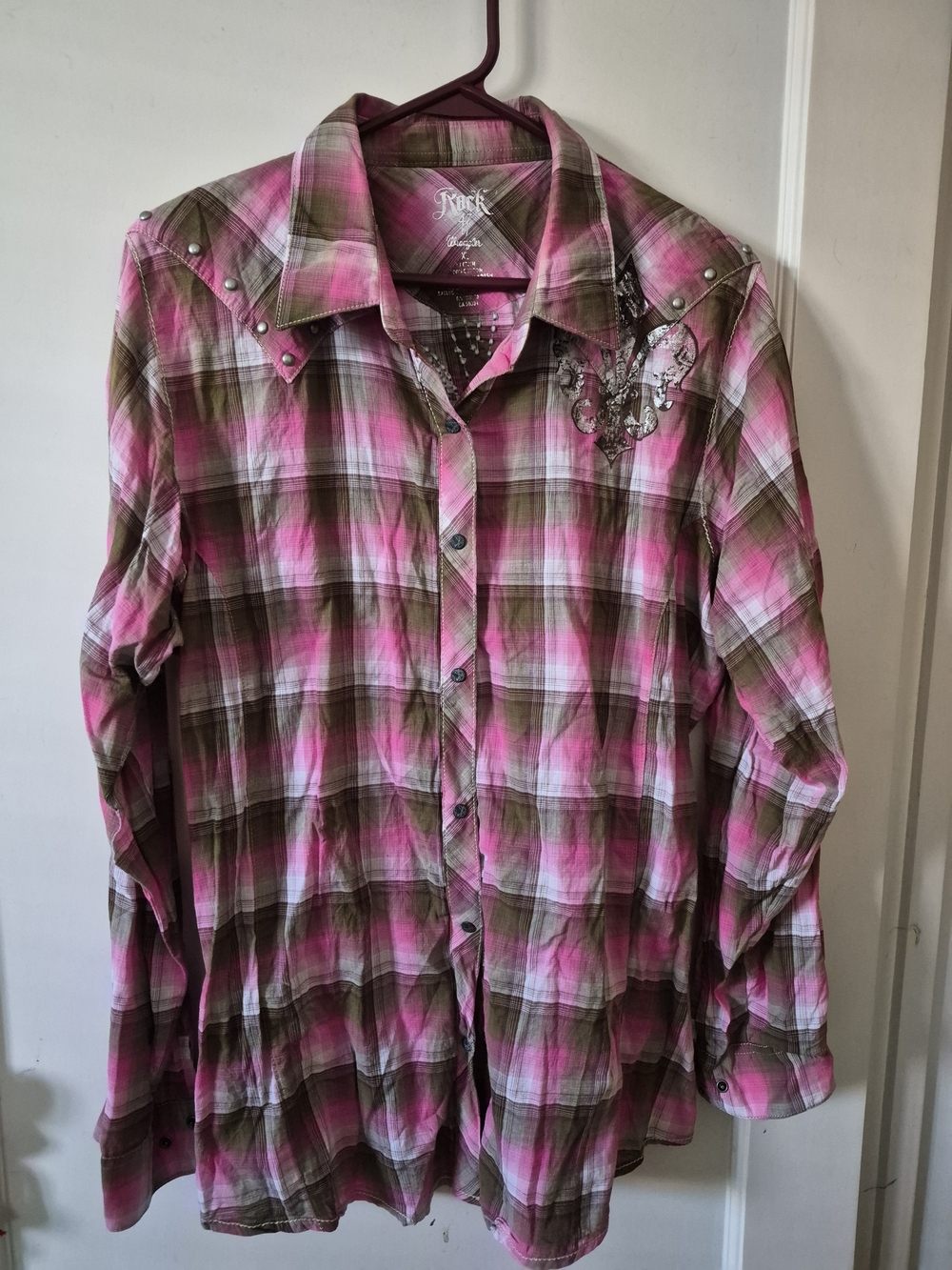 Rock & Republic Pink Plaid Button-Down Shirt with Stud Detail